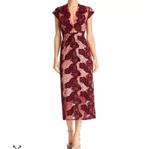 NWT Sau Lee Burgundy Floral Velvet Overlay Dress